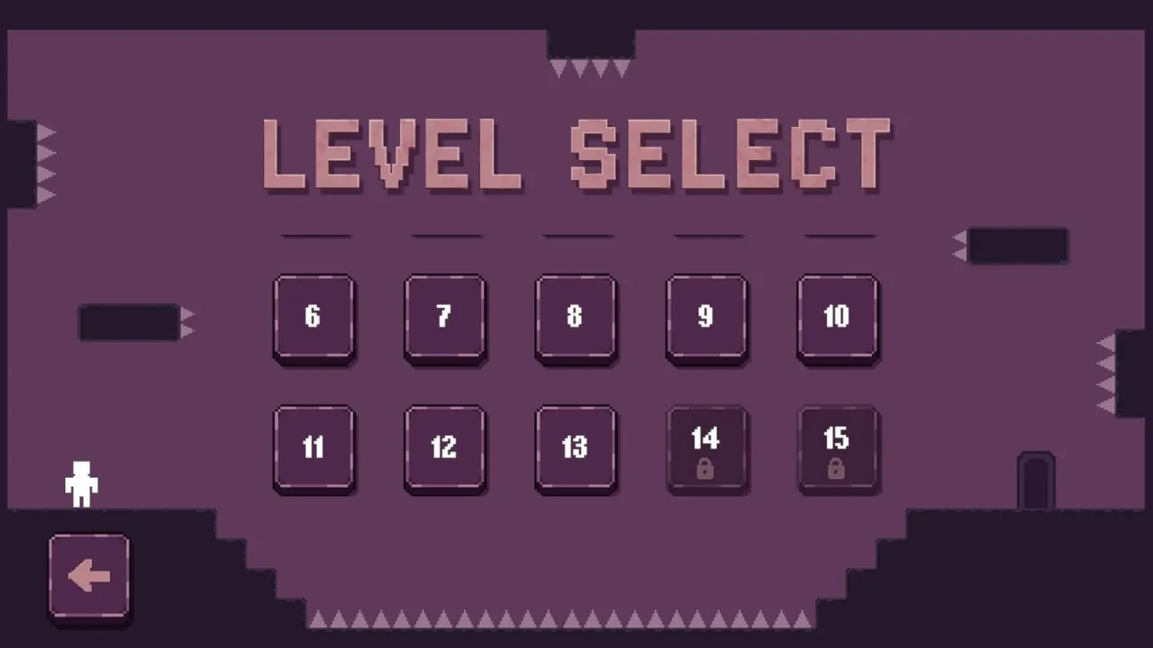 Plummet's level select, with levels 6 to 13 unlocked and 14 and 15 still locked