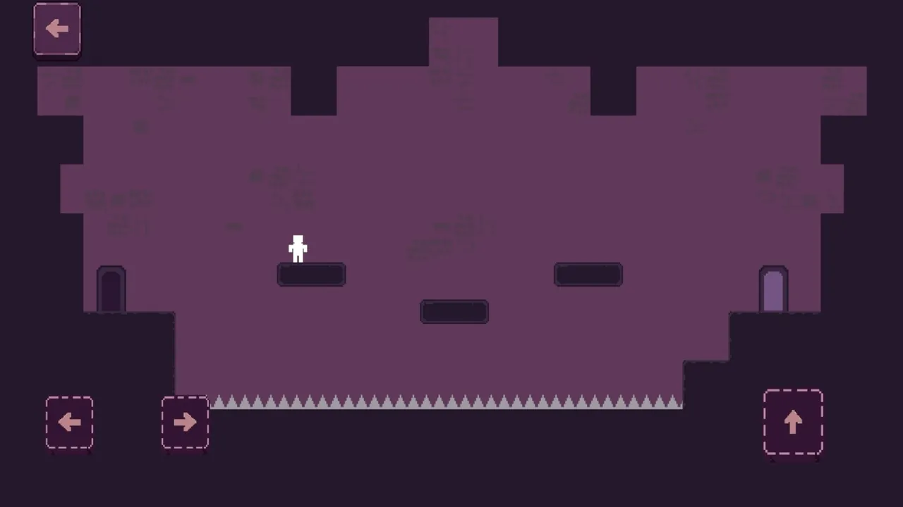 A Plummet level from end to end: the dark entry door on the left, three floating platforms over a floor of spikes, and the lit exit door on the right