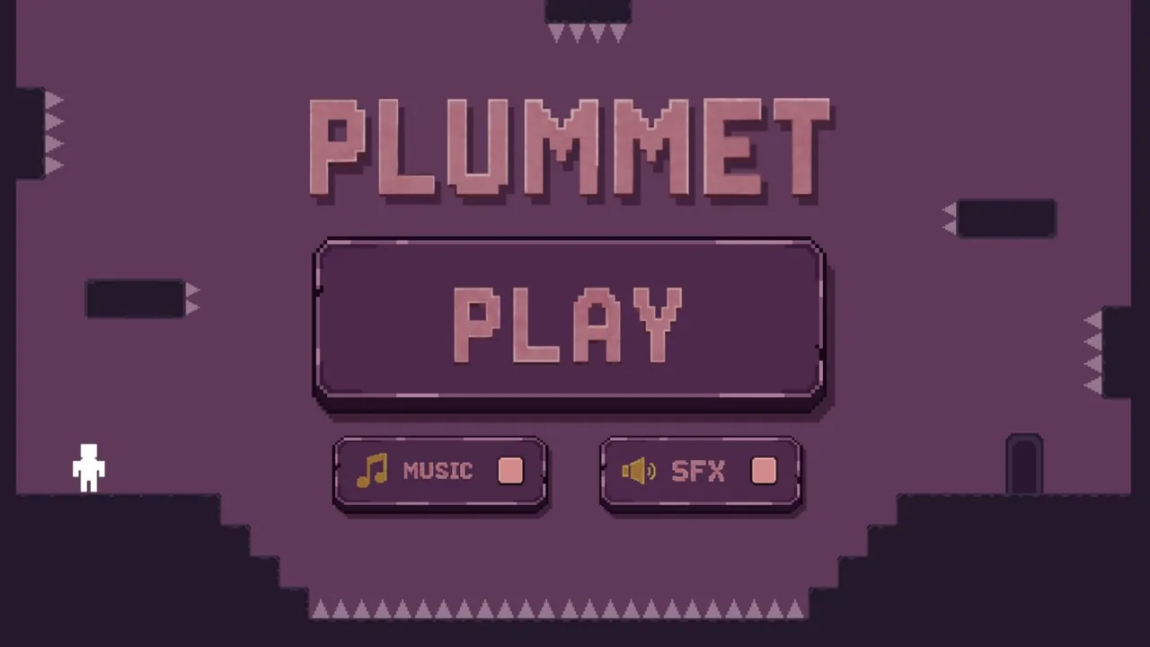 The Plummet title screen: the name in pixel lettering above a Play button, with Music and SFX toggles